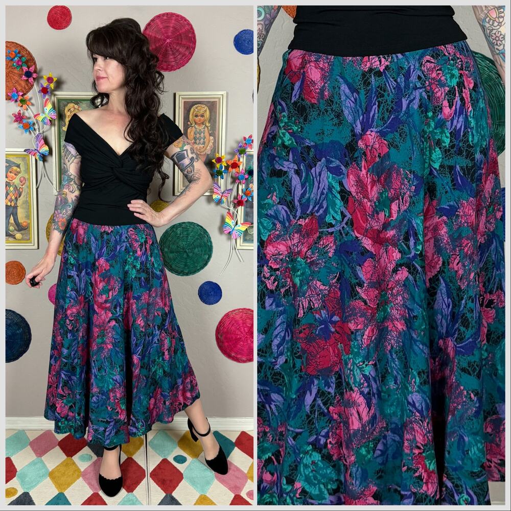Vintage 1980s High Waisted Colorful Abstract Floral Midi Skirt